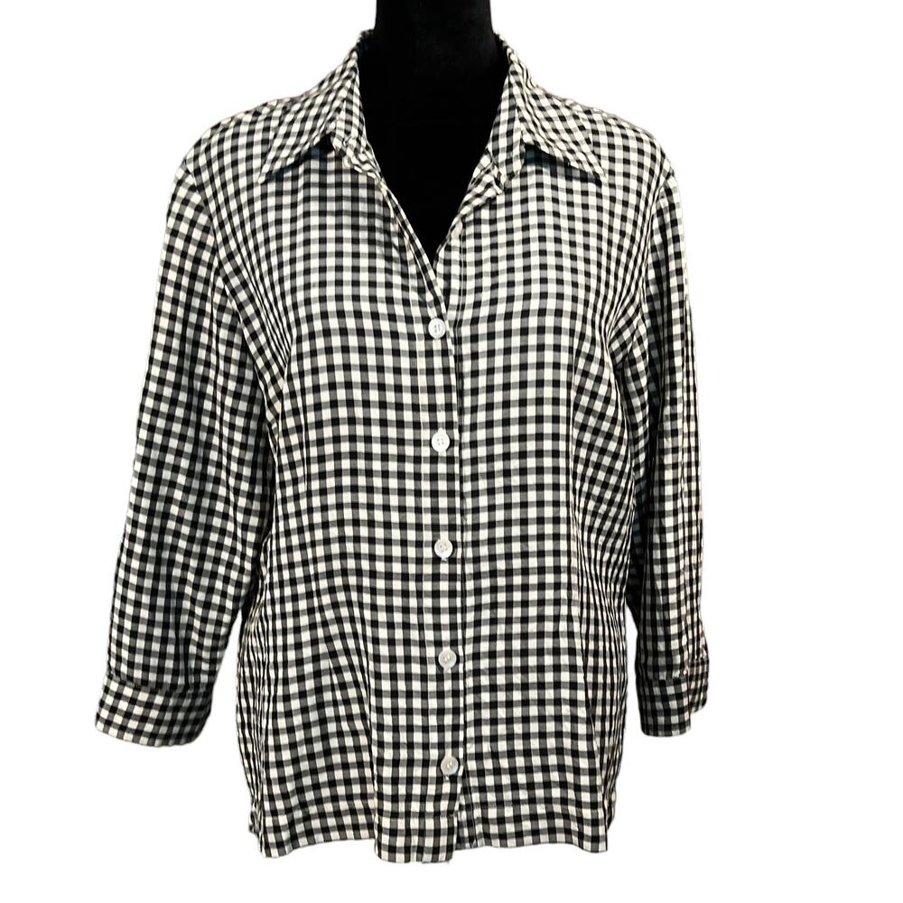 Liz Claiborne Petite 3/4 Sleeve Collared Button Up Top 12P Black & White Gingham